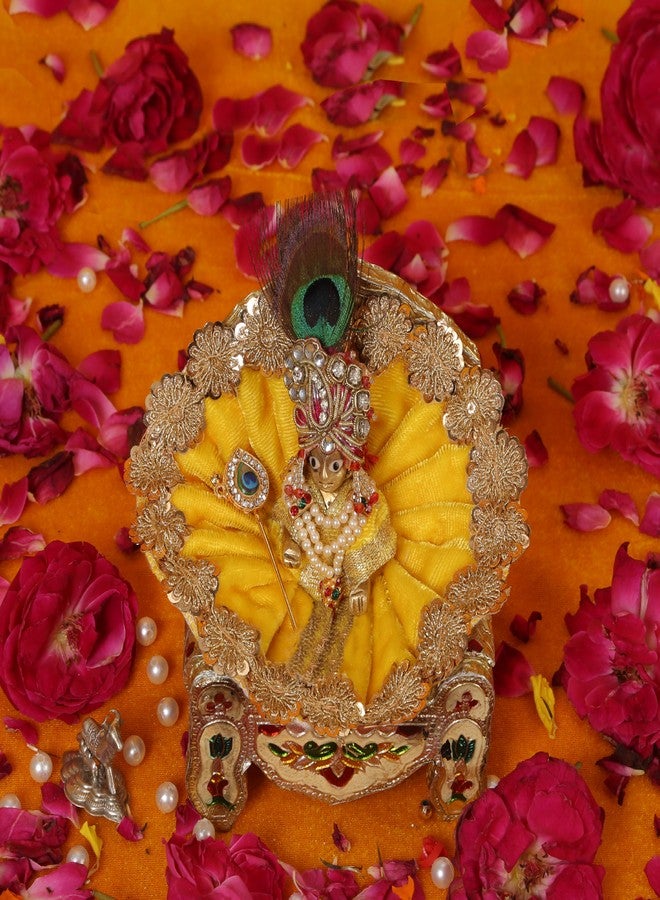 Dulhan DLC Laddu Gopal Ji Dress Designer Velvet Janamashtami Dress for Thakur ji Kanha Ji Dev Vastra, 1 pc Floral Border Bal Gopal Krishna Ji God Ladoo Gopal Poshak by Dulhan (Size 0, 4 inch, Amber Yellow) - Image 5